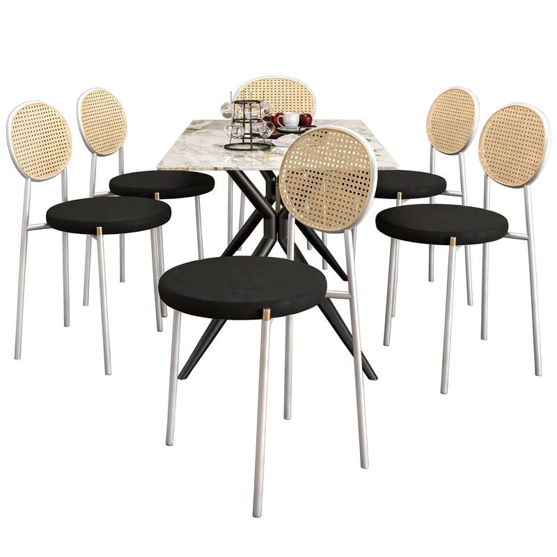 7-Piece Dining Set with 55-Inch Sintered Stone Dining Table and 6 Velvet Side Chairs - Black