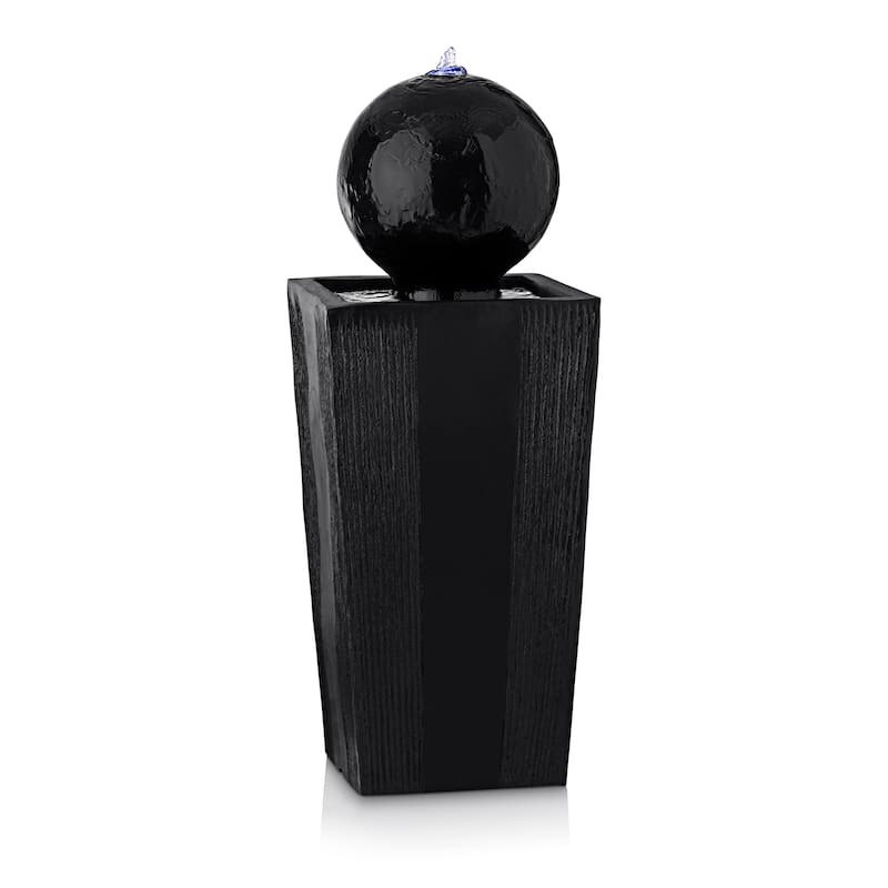 Alpine Corporation GIL786 33" Black Outdoor Modern Sphere Pedestal Water Fountain with LED Lights