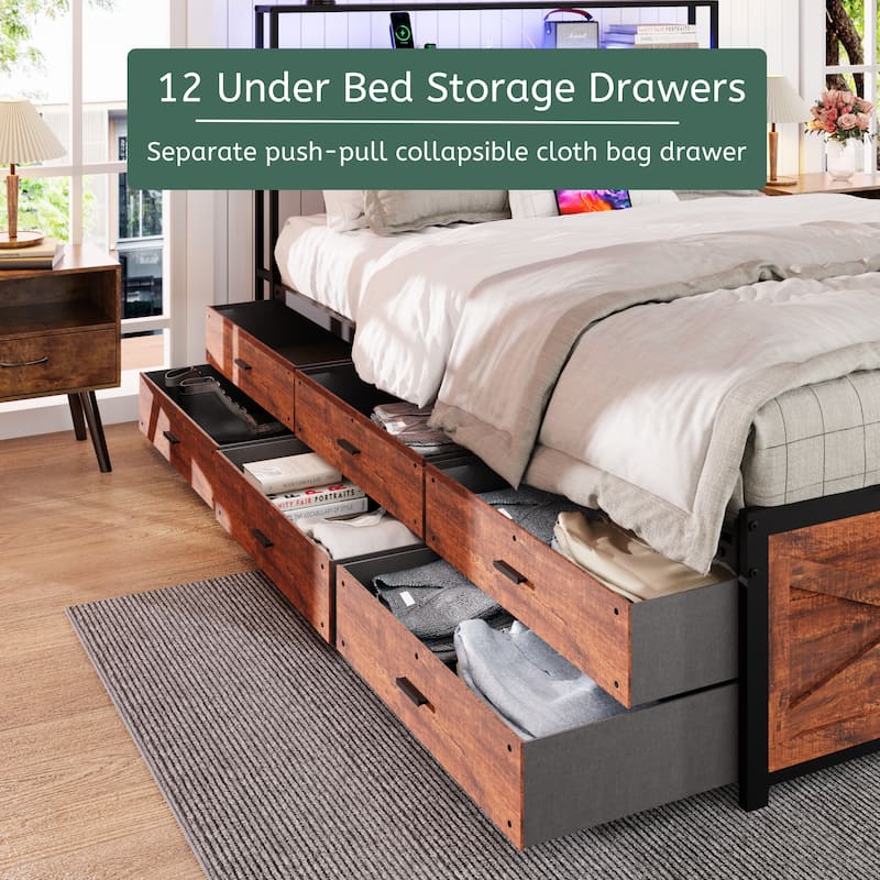 Queen Bed Frame with Storage Headboard, 12 Drawers, LED Lights, and Built-in Charging Station