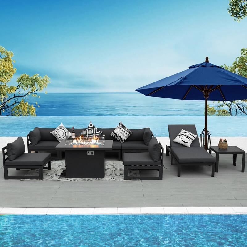 FINCATI Aluminum Outdoor Patio Furniture Conversation Sectional Sofa Set - 9 Pieces-B - Dark Grey