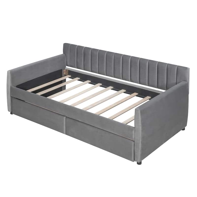 Twin Velvet Daybed with Trundle & Wood Slats