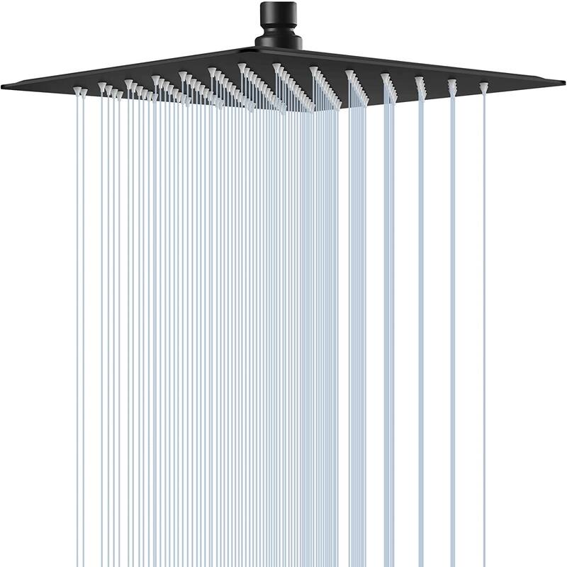 10 or 12 Inch Rain Fall Shower Head Solid Square Ultra Thin 304 Stainless Steel Full Body Coverage with Silicone Nozzle - 12" x 12" - Matte Black