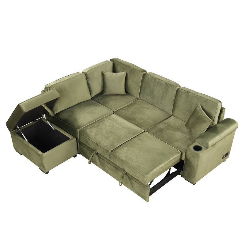Linen 2 in 1 Pull Out sofa bed L-Shape Couch with Storage Ottoman and Cup Holder Sleeper Sofa Bed with Backrest and Pillows