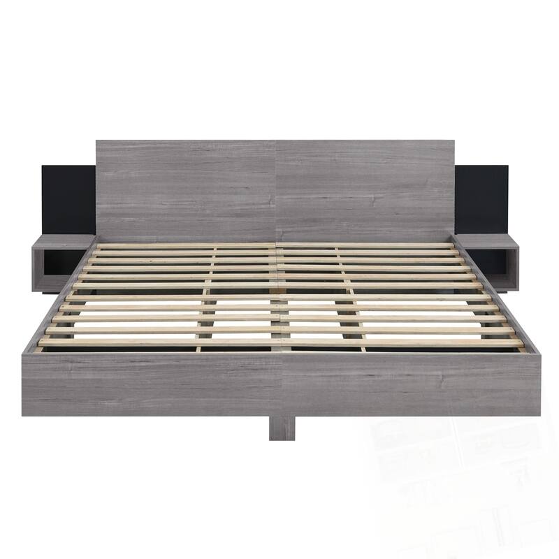 Wooden Floating Platform Bed, with LED Lights and Bedside Nightstand