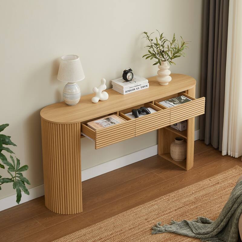 Retro Console Table with Storage, 3 Drawers, 1 Table-Leg Niche, Round Slat Aesthetic, Entryway, Living Room & Hallway