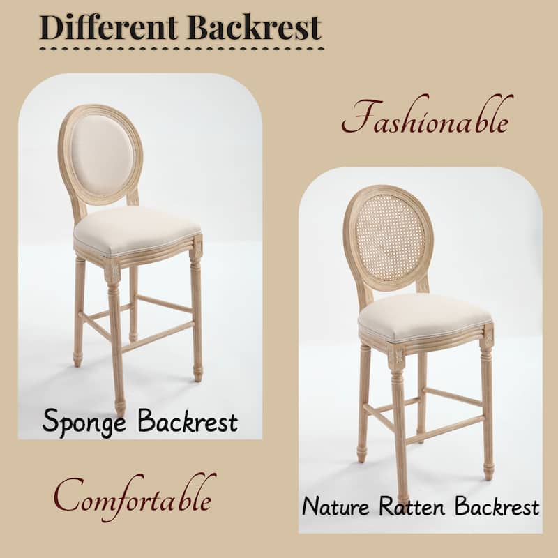GDFStudio - Classic Louis French Country Upholstered Bar Height Dining Chairs Set with Rattan Backrest, Set of 2