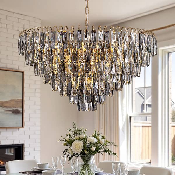 slide 2 of 14, 32" Grey Modern Crystal Chandelier Round Crystals Chandeliers 8-Tier Crystal Pendant Light 9-Light for Dining Room Living Room Grey chandelier