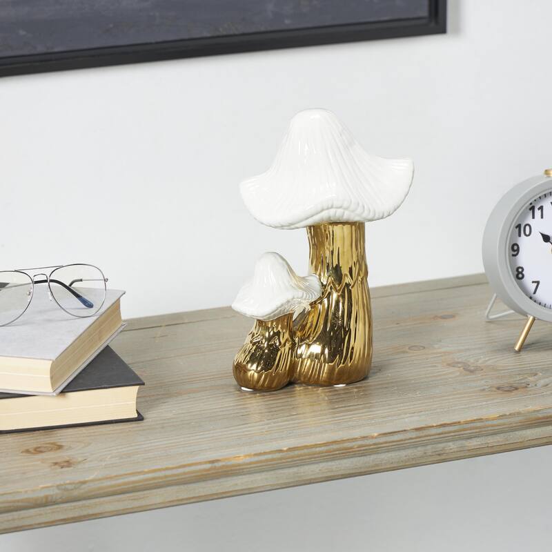 Ceramic Mushroom Decorative Sculpture with White Tops and Textured Grooves - Gold or Silver - Roche River Decor
