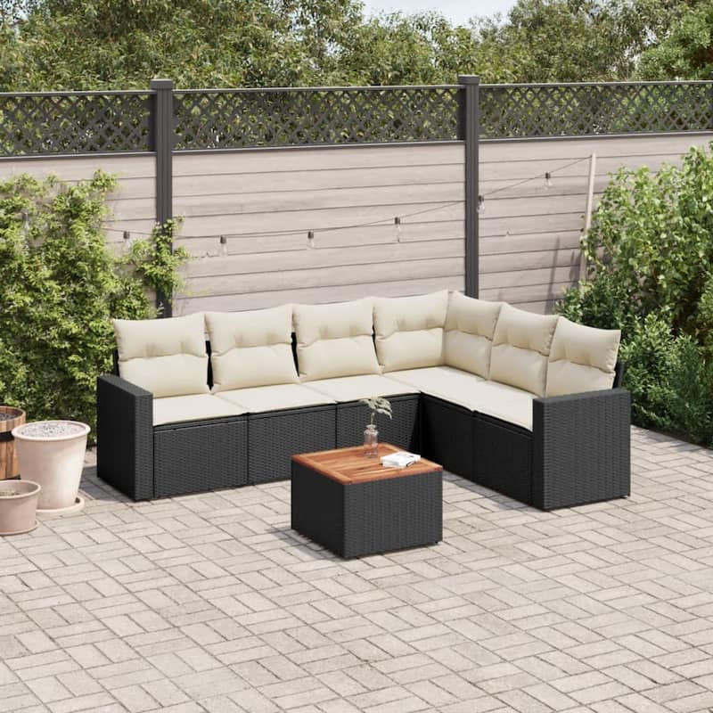 vidaXL Patio Sofa Set with Cushions Outdoor Furniture 7 Piece Poly Rattan - 21.7 x 21.7 x 14.6 - Black and Cream-corner+Table+3x middle