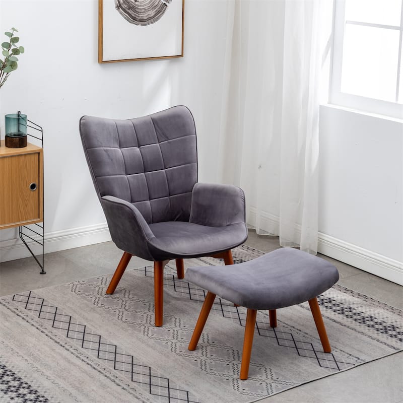 Contemporary Silky Velvet Tufted Accent Chair with Ottoman - Grey