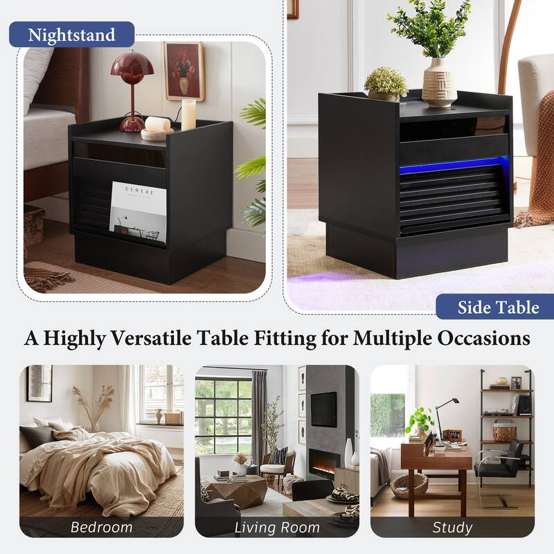 2 Drawers Nightstand with LED Lights, Bedside Tables End Table with Charging Station