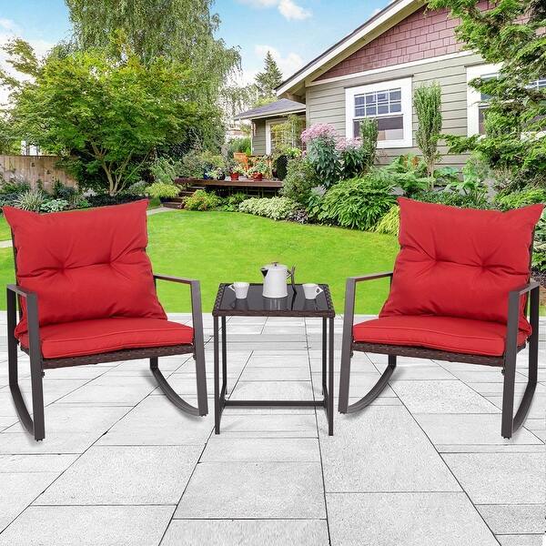 Shop 3 Pcs Patio Rocking Wicker Bistro Set Outdoor Rattan Wicker Set W Beige Cushion Wine Overstock 30089941