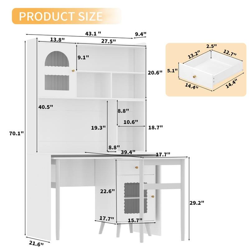 Computer Desk with Drawer and Cabinets, Office Desk with 90 Degree Rotating Desk, Wood Gaming Desk, Wring Desk