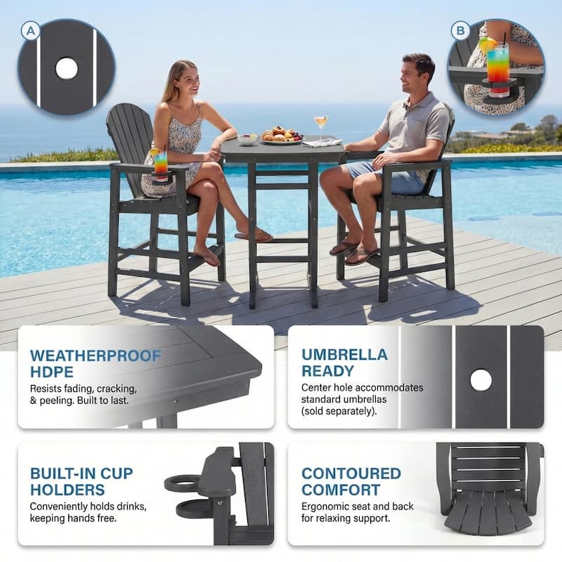3-Piece HDPE Bar-Height Patio Bistro Set, 42.1" Square High Top Pub Table + 2 Bar Chairs, All-Weather Outdoor Dining Set