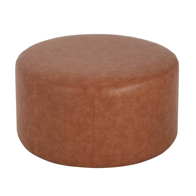 PU Leather Round Ottoman - Cognac Brown Upholstered Versatile Piece