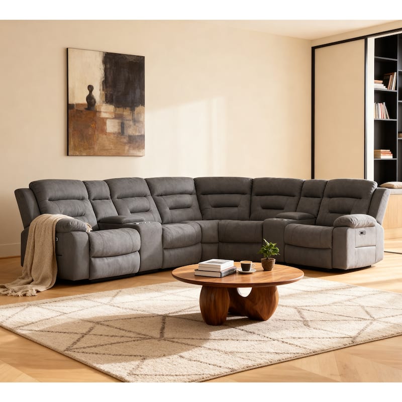 7PCS, 2 Power Recliners, Fabric Reclining Sectional with Power Headrest & Lumber - Grey