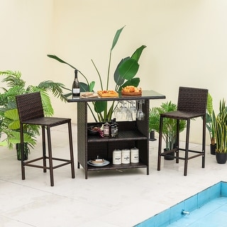 Costway Patio 3PCS Wicker Bar Set Height Table Two Stools with 3 Rows - See Details