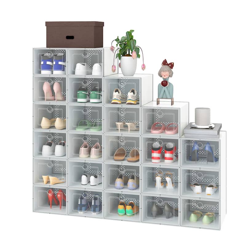 24 Pair Medium Size White Shoe Storage Box Clear Plastic Stackable Shoe Organizer - 24PCS