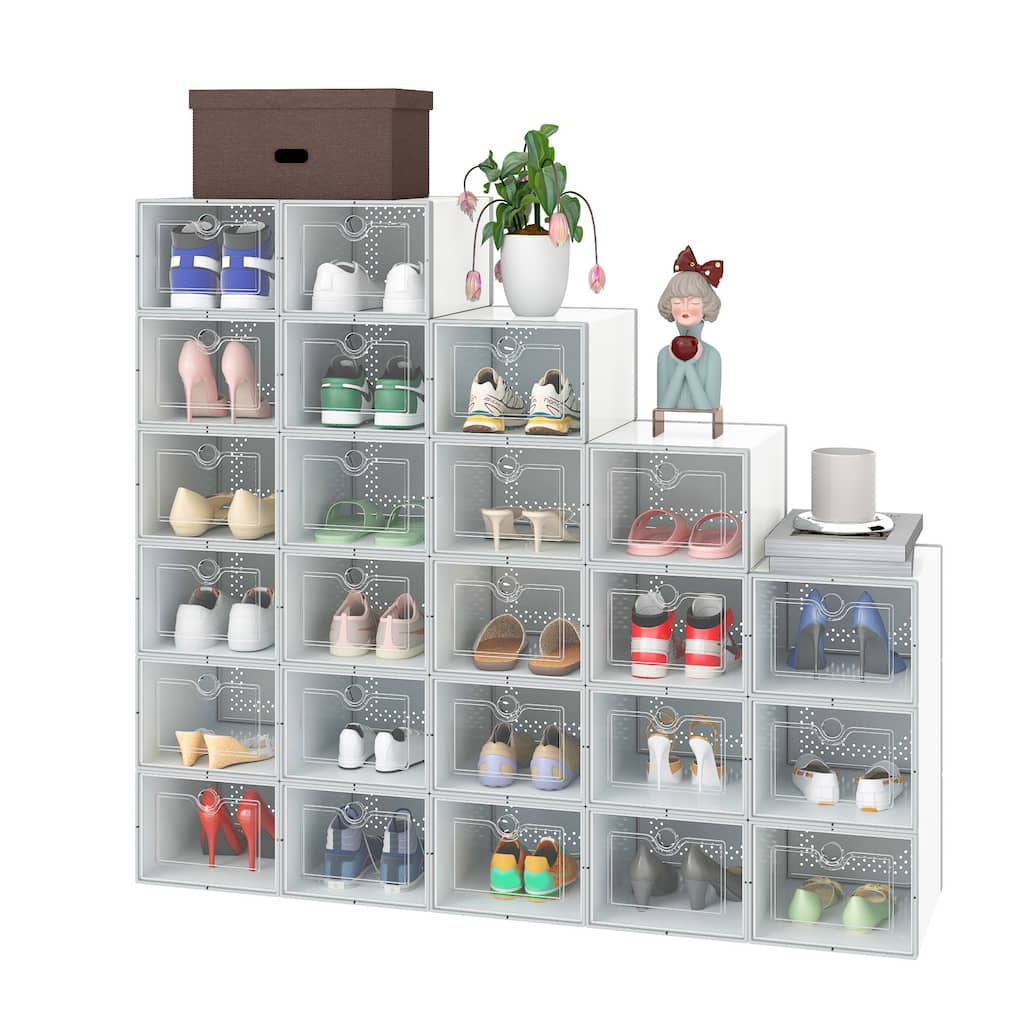 24 Pair Medium Size White Shoe Storage Box Clear Plastic Stackable Shoe Organizer - 24PCS