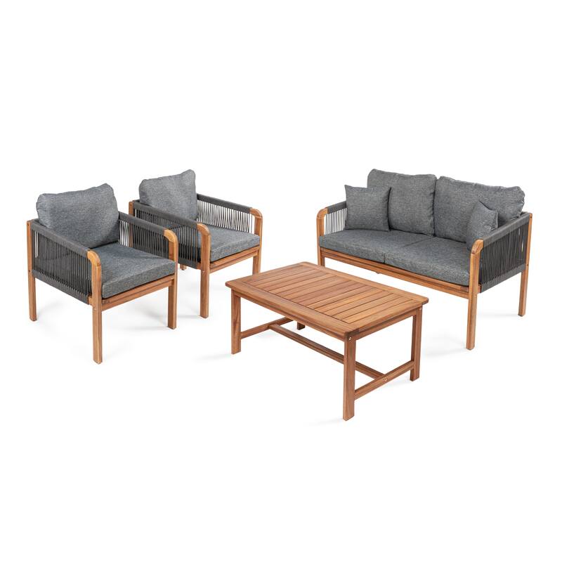 Aveiro 4-Piece Modern Bohemian Acacia Wood Outdoor Patio Set with Cushions and Plain Decorative Pillows, by JONATHAN Y - Gray