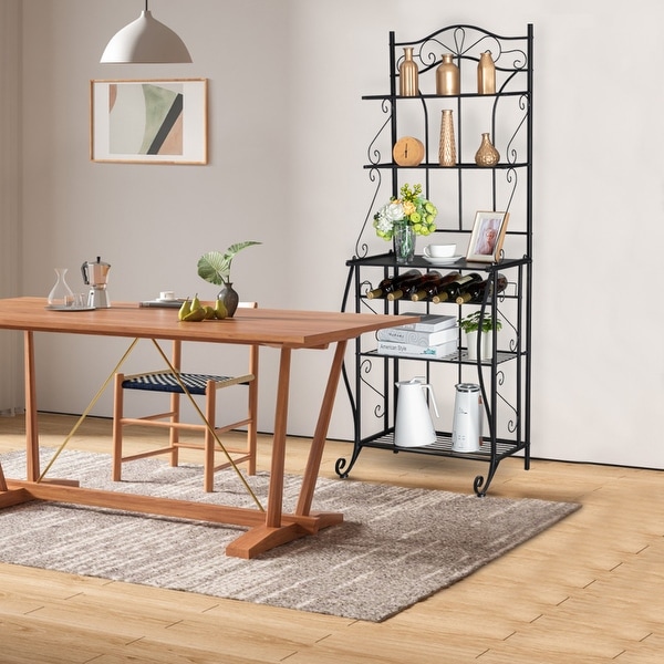 Modern 5 Tier Multiuse Black Metal Kitchen Bakers Rack Shelf Storage