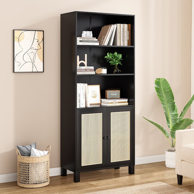 Tall Bookcase with Rattan Doors,5 Tier Storage Wood Shelves Large Bookshelf for Library Living Room Bedroom Home Office