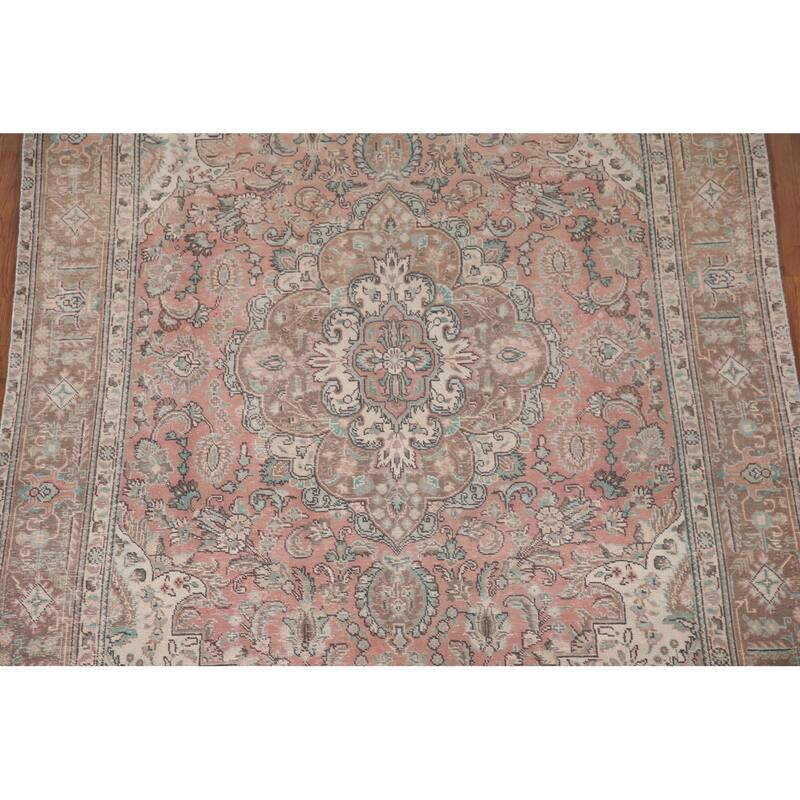 Pink Tabriz Persian Vintage Area Rug Hand-Knotted Wool Carpet - 6'3"x 9'2"
