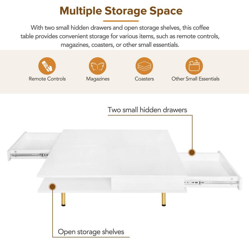 Stylish High Gloss Coffee Table 2 Tier Square Center Table with 4 Gold Legs and 2 Small Drawers, for Living Room