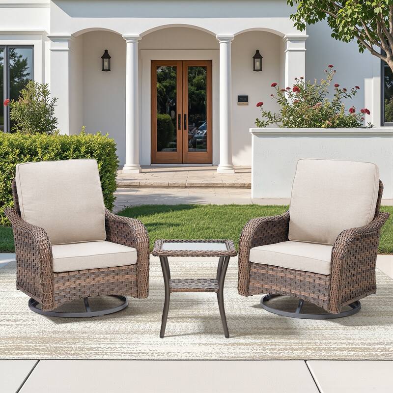 Pocassy Outdoor Patio Furniture Set PE Wicker Sofa Set - Beige Cushion - Brown Wicker - 3 Pieces Swivel Chair with Side Table