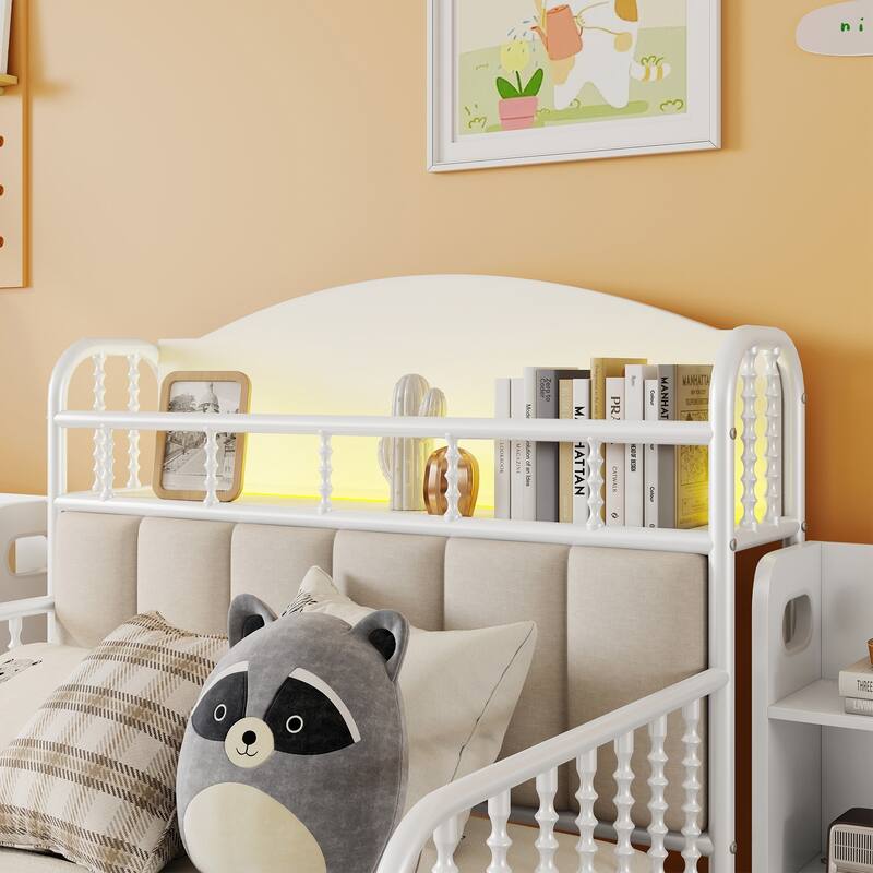 Kids Platform Bed Metal Frame with Linen Fabric Upholstered Storage Headboard Built-in Light Strip, Both Sides Rails