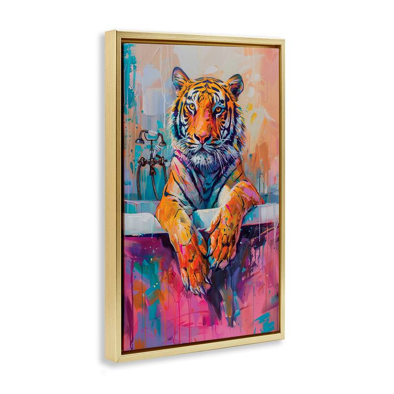 Stupell Bathing Tiger in Bright Tub Framed Floater Canvas Wall Art Design By LSR Design Studio