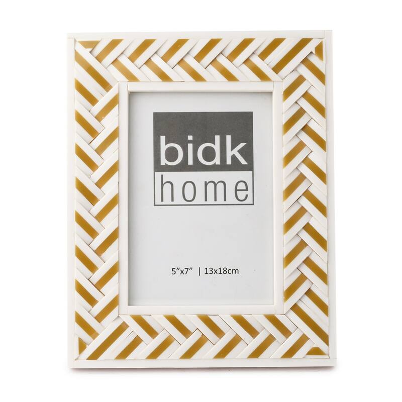 Rectangular Herringbone Picture Frame - for 5" x 7" Photo - White and Gold - 5-inchx7-inch