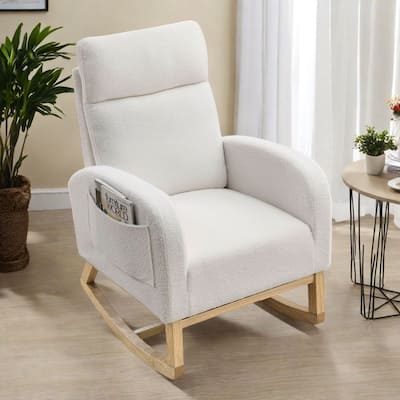 Teddy Fabric Rocking Chair High Back Lounge Chair with Side Pockets and Ergonomic Support