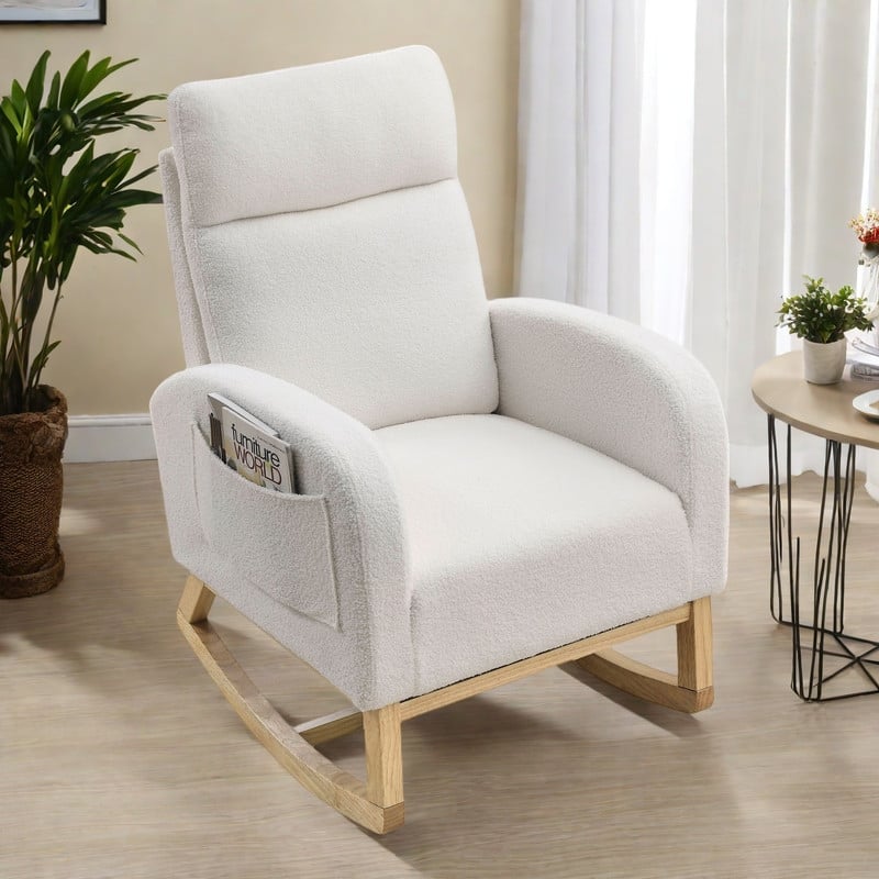Teddy Fabric Rocking Chair High Back Lounge Chair with Side Pockets and Ergonomic Support