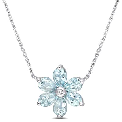 Miadora 14k White Gold Aquamarine and Diamond-Accent Floral Station Necklace