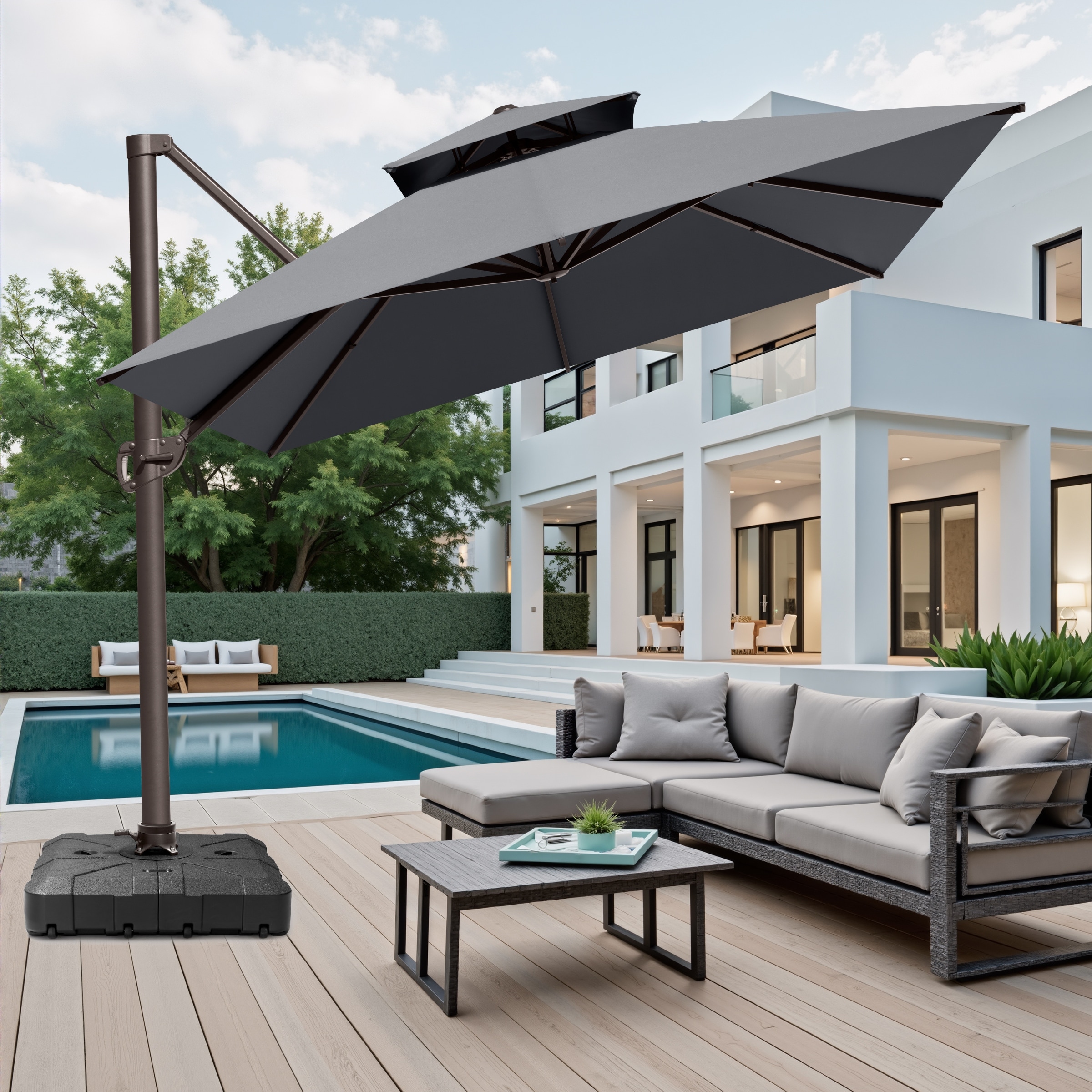 double top patio umbrella SKU: OB-OTU007 and the umbrella can be rotated 360 horizontally by simply stepping on the foot pedal and twisting the pole to provide maximum coverage from the sun at any time XIZZI 11x11 ft Double Top