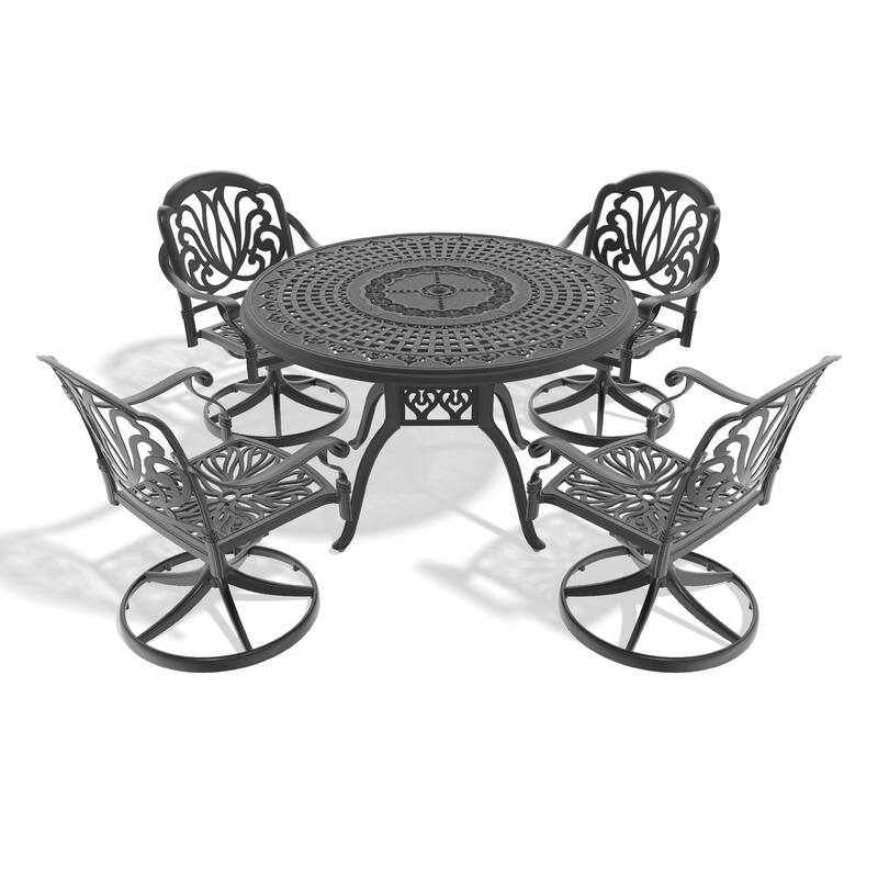 5-Pcs Outdoor Patio Dining Set, All-Weather Cast Aluminum Furniture Set with 4 Swivel Chairs, Round Table with Umbrella Hole