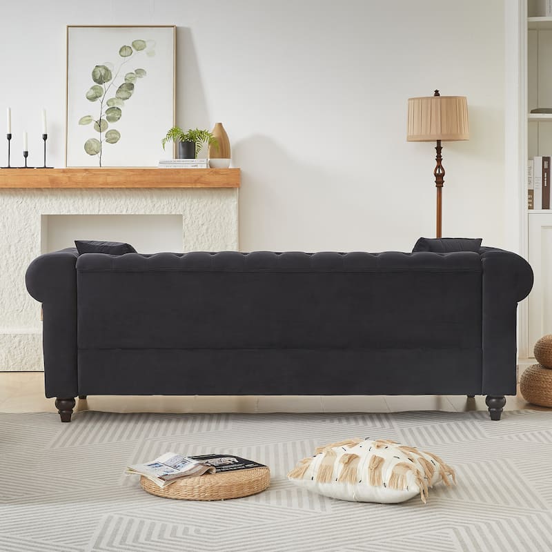 85.5"Living Room With Velvet Chesterfield Sofa With Rolled Arms 3 Seater Sofa With Button Design And 2 Cushions