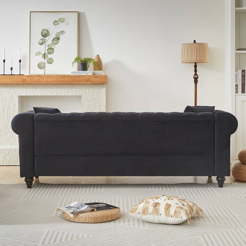 Velvet Chesterfield 3 Seater Sofa, Oversized Button Tufted Upholstered Sofa, Deep Seat Sofa with Rolled Arms & Nailhead Trim