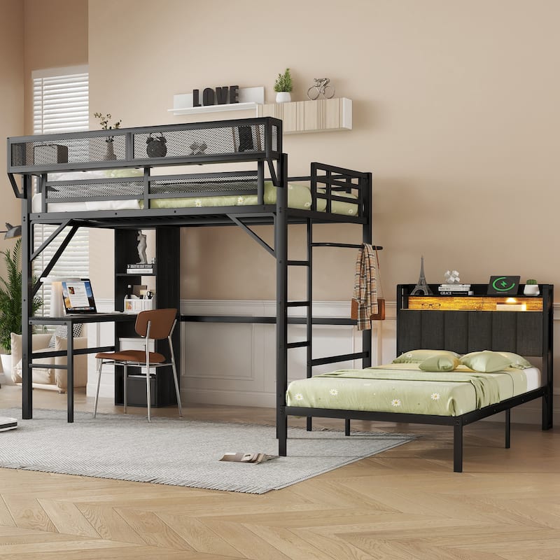 Full over Twin Bunk Bed with Desk, Bookshelves, Charging Station & LED Lights, Detachable Metal Loft Bed