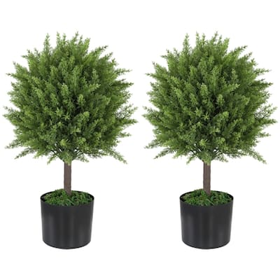 Set of 2 Green Artificial Cedar Plants with Cement Base for Indoor and Outdoor Home Office Decoration 21.7 Inch - 5.7" x 21.7"