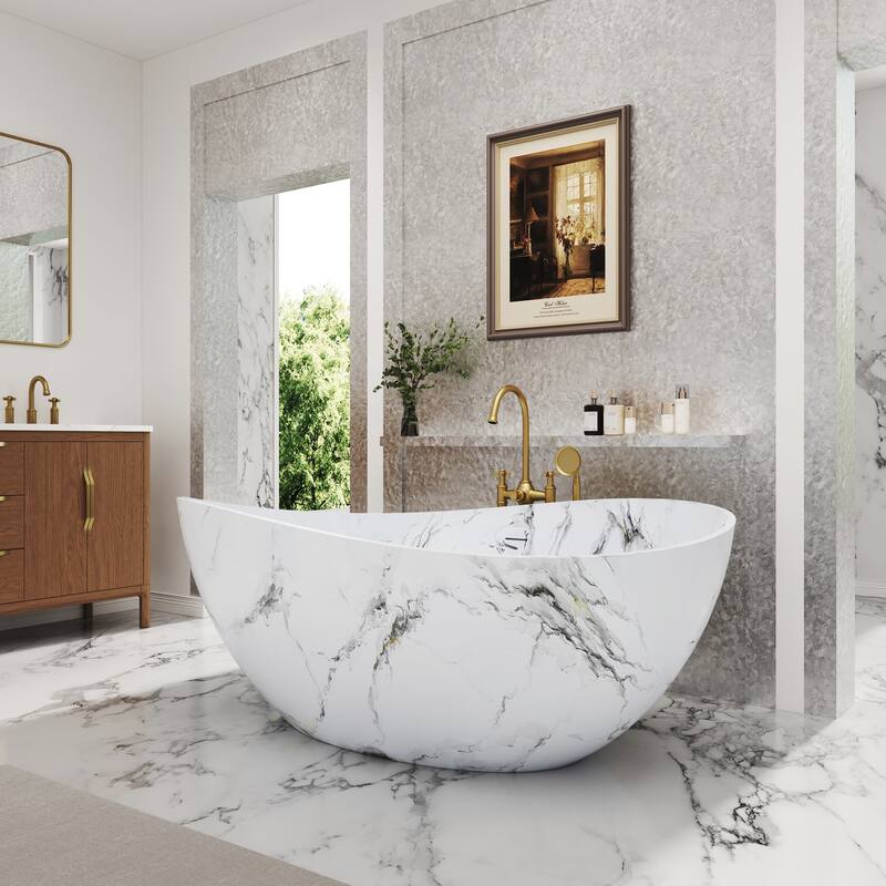 63 in. x 37 in. Solid Surface Freestanding Soaking Bathtub in Matte White with Italian Snowflake Marble Pattern, Center Drain
