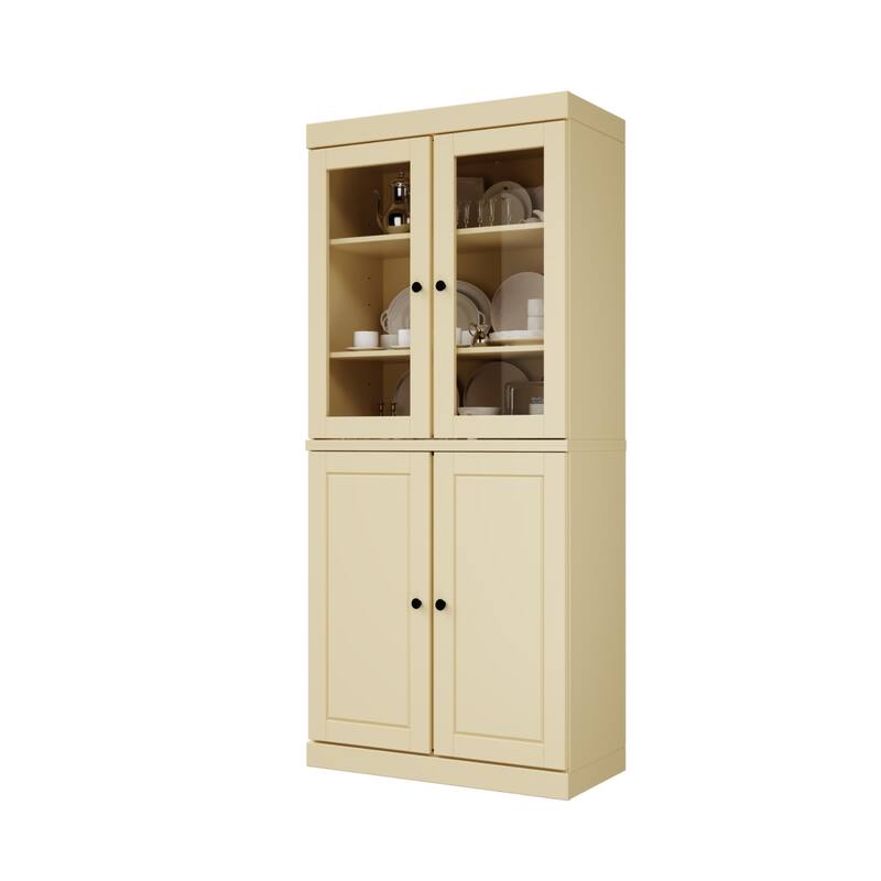 Palace Imports Solid Wood Pantry Cabinet, Raised Panel & Clear Glass Doors, 2 Drawers, Adjustable Shelves