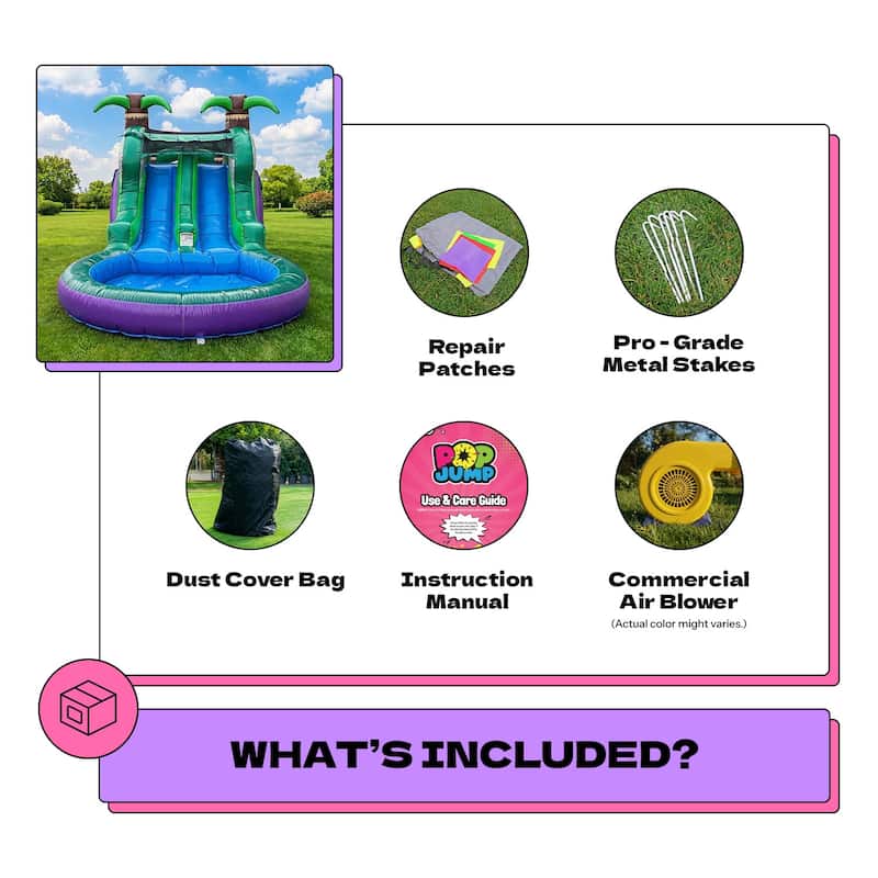 POP JUMP Tropical 28' Obstacle Course with Slide - Green - 8' x 28' x 9'