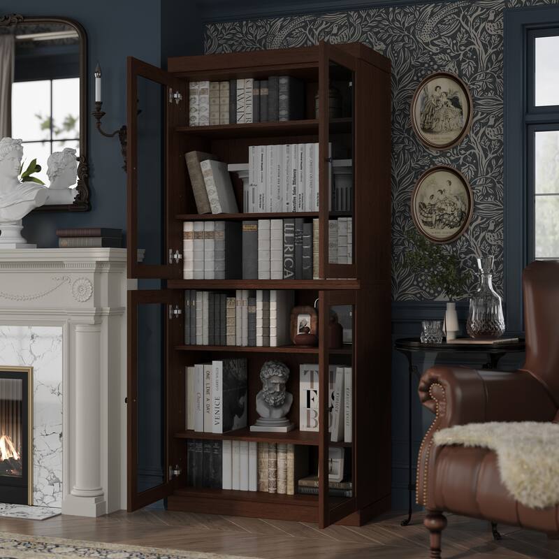 Palace Imports Premium 100% Solid European Oak Hardwood 6-Shelf Modular Bookcase with Tinted Glass Doors - 32" Wide, 71.5" Tall