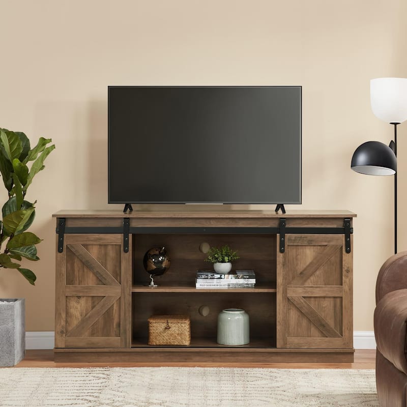 Homy Casa 58'' Farmhouse TV Stand. Sliding Barn Doors, Storage Cabinet