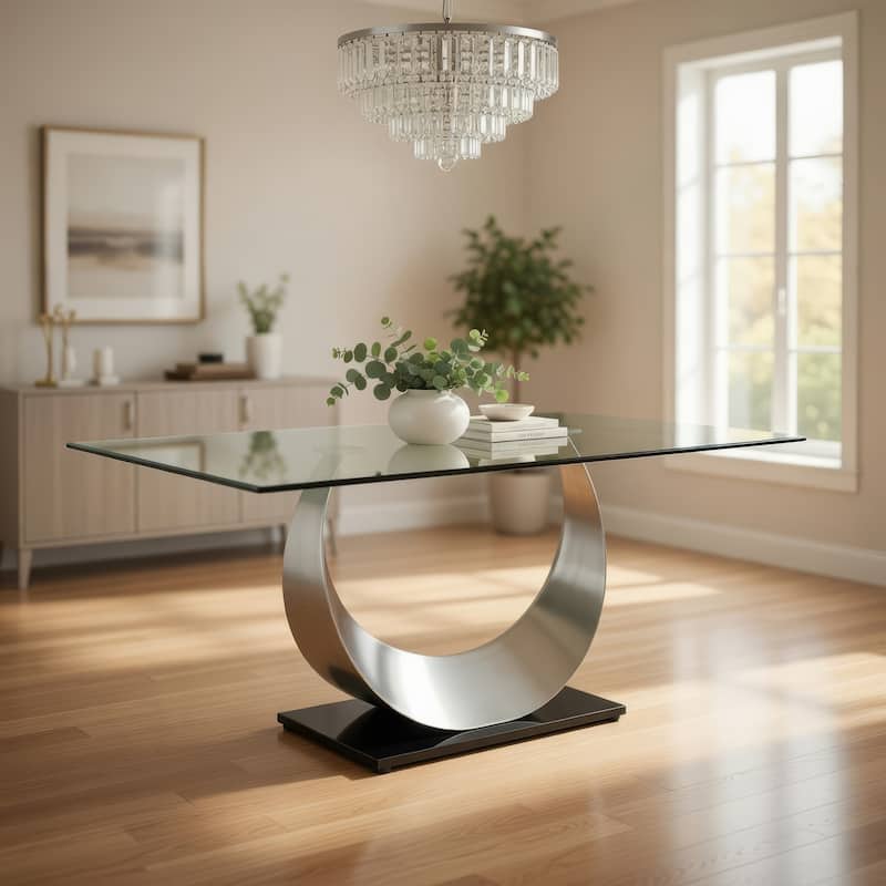 Metal and Glass Dining Table with Unique U Shape Pedestal Base, Chrome and Black