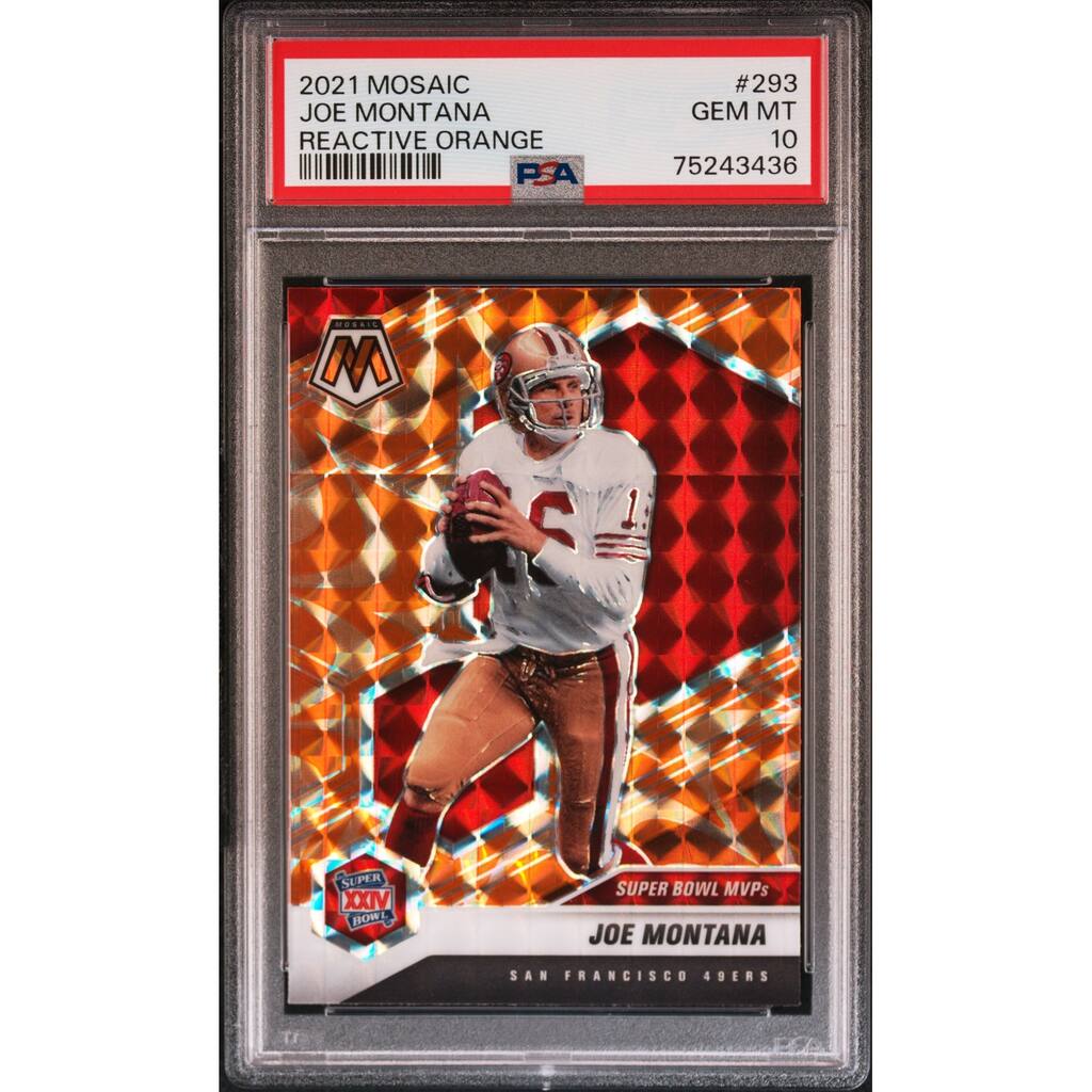 Joe Montana 2021 Panini Mosaic Reactive Orange Football Card #293 Graded PSA 10 - 8'6" x 11'6"