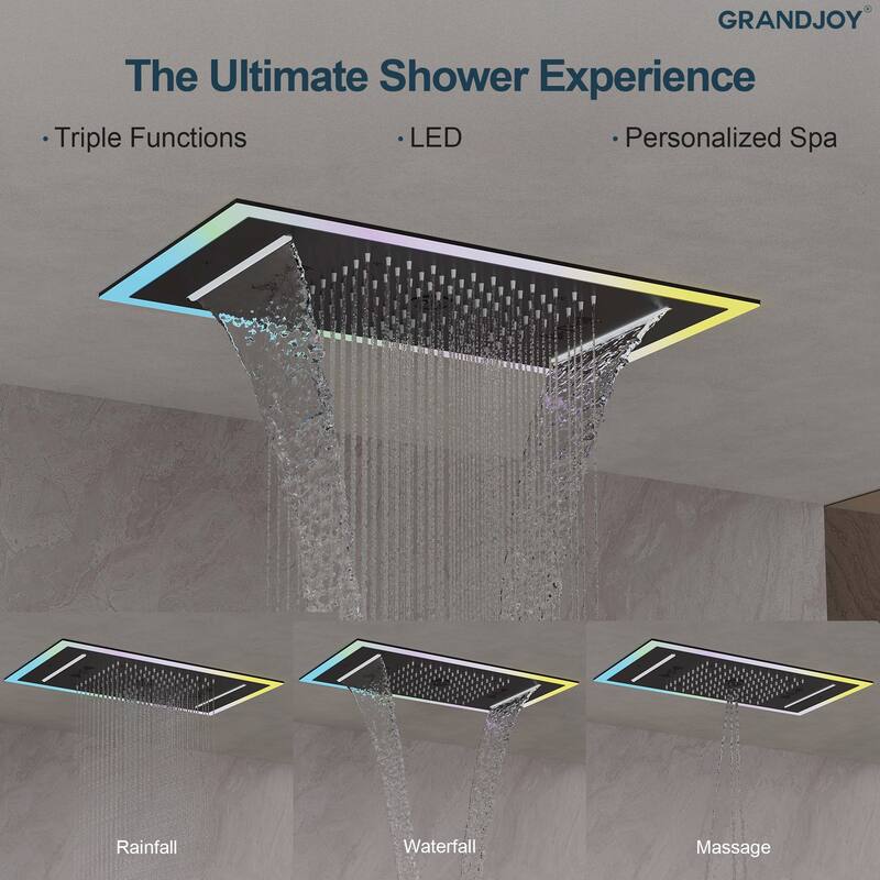 GRANDJOY Thermostatic LED Rain and Waterfall Shower System with Handheld, Ceiling-Mount Modern Design