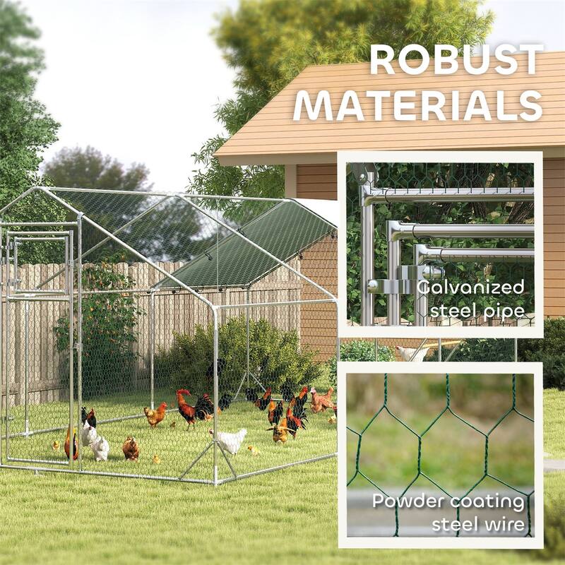 Outdoor Chicken Coop with Mesh Sides, Feeder Door and Weather Cover - 9.8'W x 19.7'D x 6.4'H